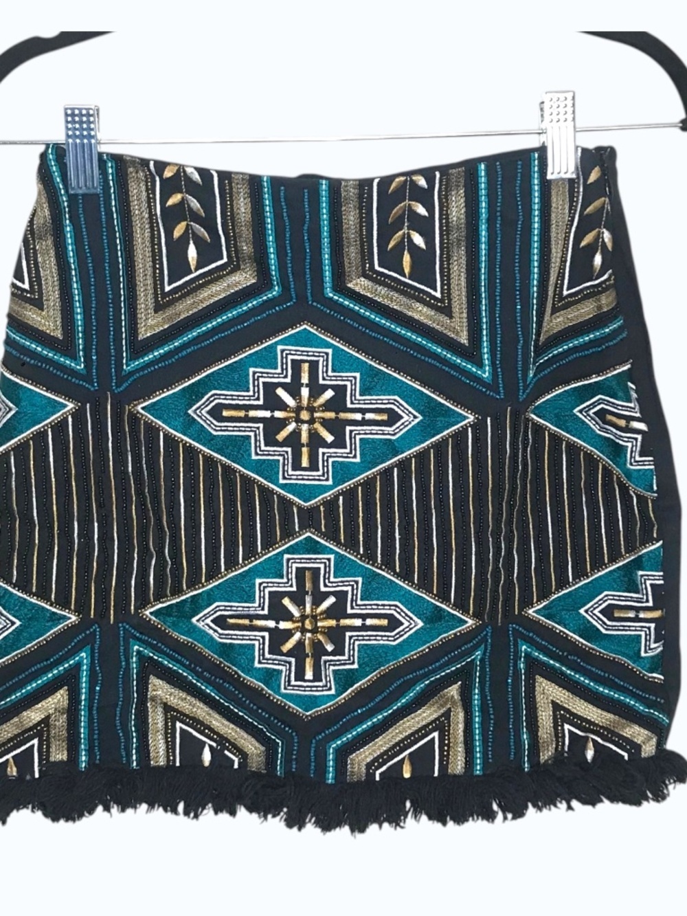 H&M Embellished Beaded Mini Skirt Women’s US 4 Boho Geometric Fringe India